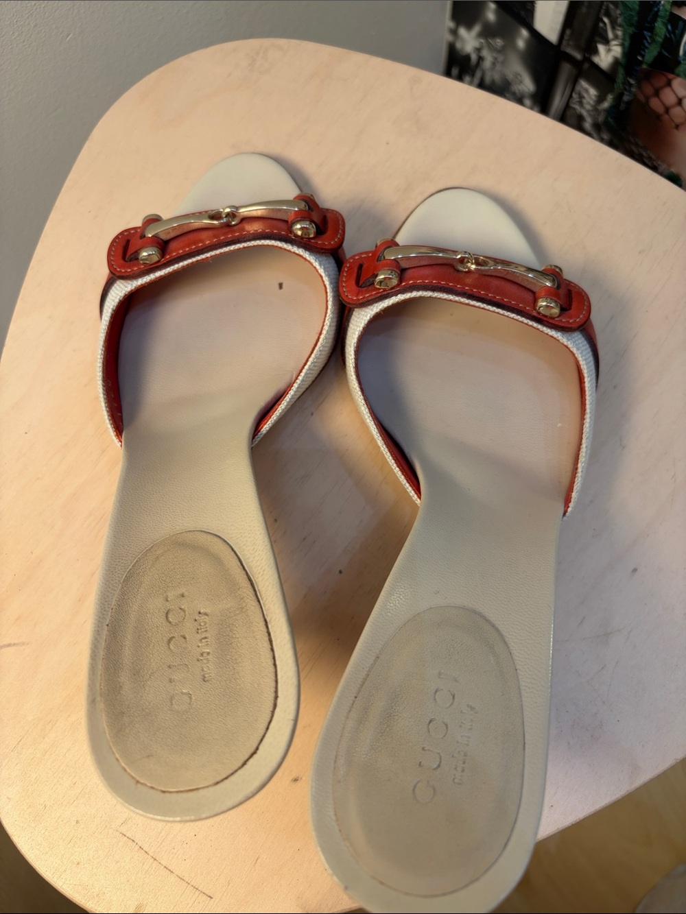 Gucci White Canvas and Red Leather Horsebit Slide Heels - Picture 5 of 7